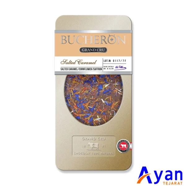 شکلات شیری با کارامل نمکی، گل ذرت و زعفران بوچرون Bucheron وزن 100 گرم