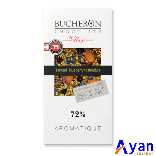 شکلات 72% بوچرون Bucheron مدل Village با بلوبری، بادام و کلاندولا وزن 100 گرم