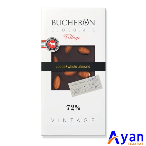 شکلات 72% بوچرون Bucheron مدل Village با شکلات تلخ و بادام کامل وزن 100 گرم