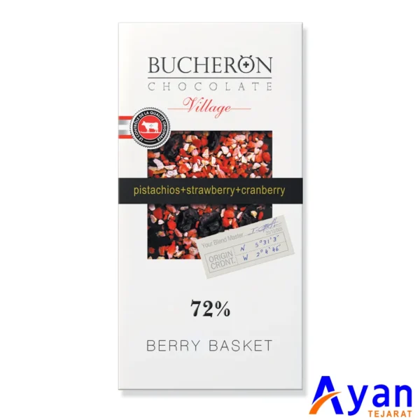 شکلات 72% بوچرون Bucheron مدل Village با کرن بری ، پسته و توت فرنگی وزن 100 گرم