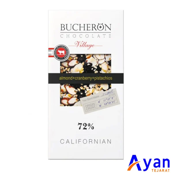 شکلات 72% بوچرون Bucheron مدل Village با کرن بری ، بادام و پسته وزن 100 گرم