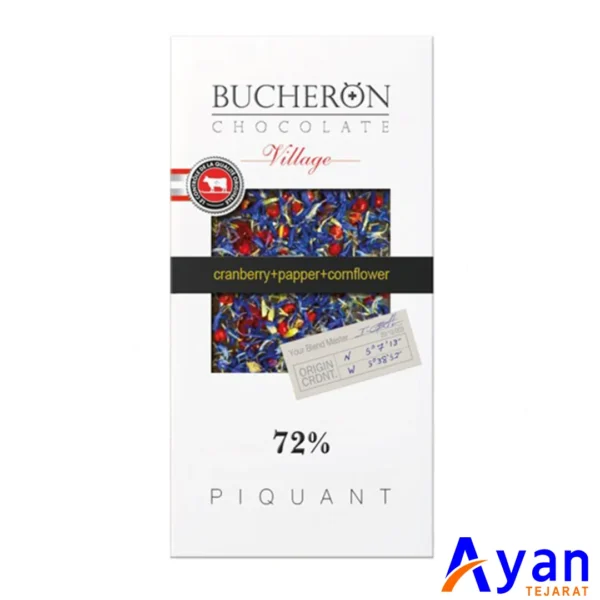 شکلات 72% بوچرون Bucheron مدل Village با کرن بری ، فلفل و گل گندم وزن 100 گرم