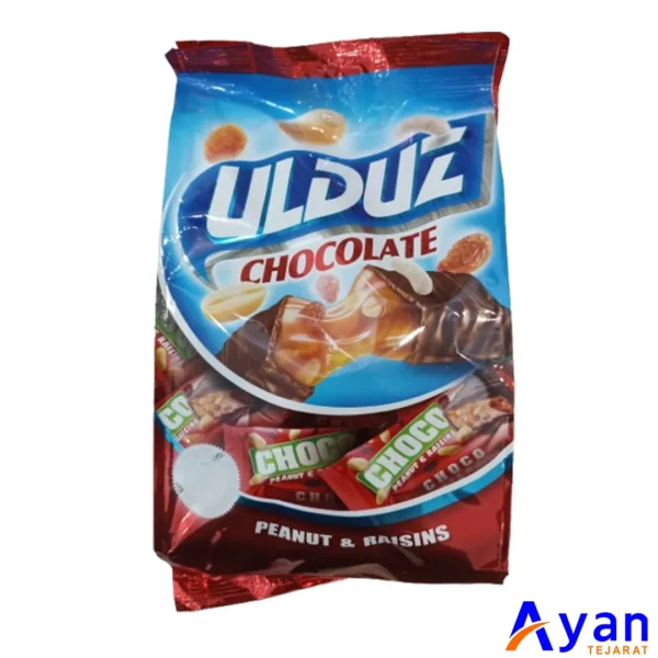 شکلات کاراملی با مغز بادام زمینی و کشمش اولدوز ULDUZ مدل CHOCO بسته 600 گرمی